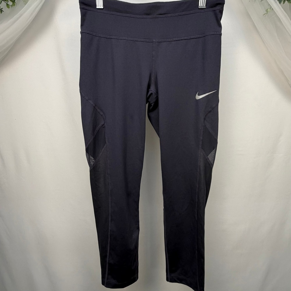 Nike Dri-FIT Women Mesh Panel Cropped Running Leggings Gray Small Zipper Pocket